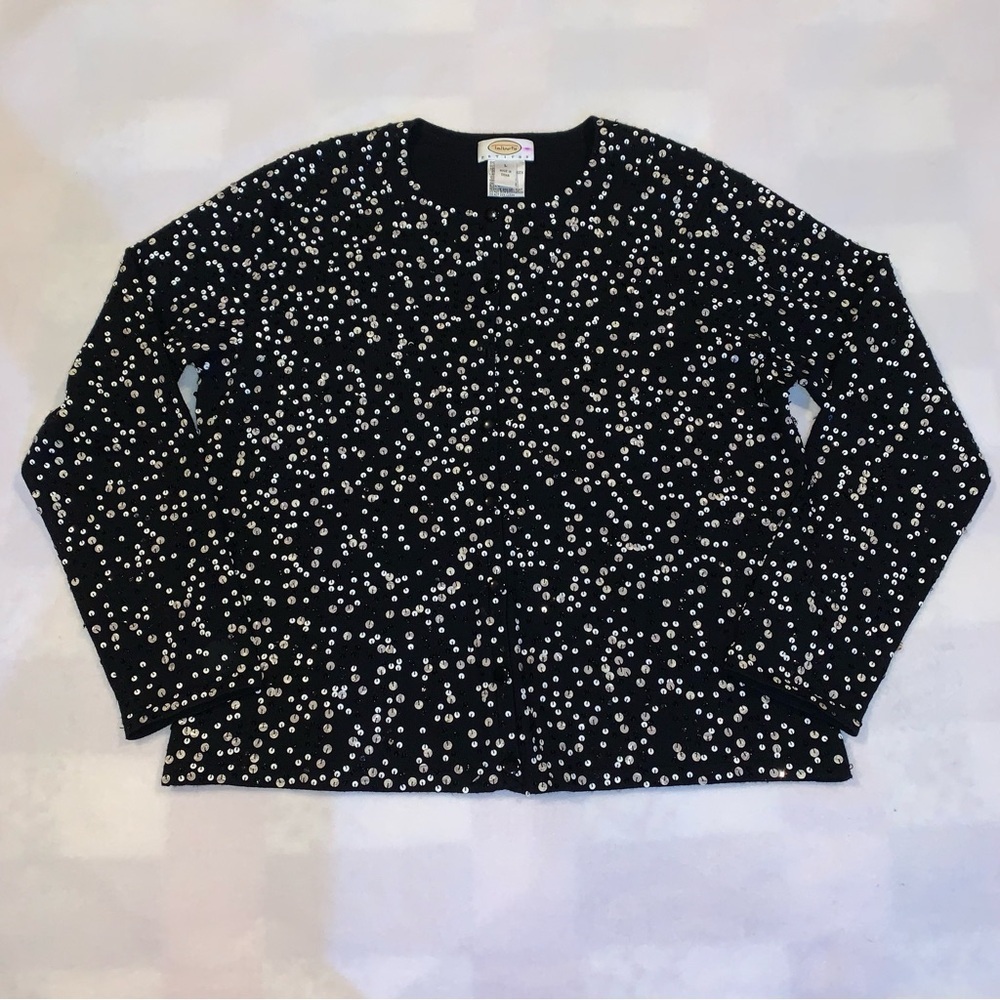 Talbots Cardigan Sweater Women's M Black Merino Wool Sequin Long Sleeve